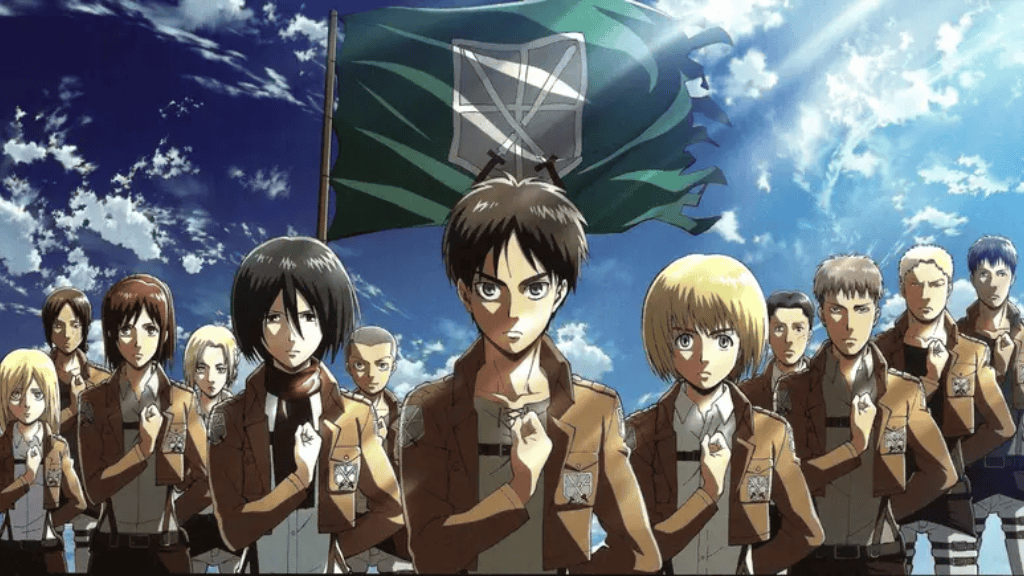 Imagem do anime Attack on Titan, mostrando Eren Yeager ao centro, acompanhado por Mikasa Ackerman, Armin Arlert e outros membros da Tropa de Exploração. Todos vestem uniformes marrons e fazem a saudação do grupo, com um estandarte verde tremulando ao fundo.