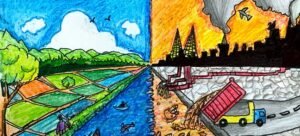 Esta pintura de um aluno do 9º ano, que contrasta um canal altamente poluído com um canal com boa saúde ecológica, foi vencedora de um concurso organizado como parte do projeto apoiado pelo Pnuma