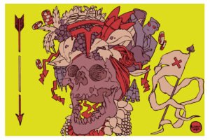 A ilustração de Luciano Salles, publicada na Folha de São Paulo no dia 16 de março de 2025, mostra um crânio de cor vermelho queimado com a boca aberta, quase que sorrindo. Este crânio veste um adereço como da Carmem Miranda, mas ao invés de flores e frutas, há mísseis, fichas de jogos, o símbolo da marca automotiva Tesla, um boneco de Elon Musk fazendo uma saudação nazista, folhas velhas, granadas. Ao lado esquerdo do crânio há um flecha que aponta para baixo fragmentada em 3 partes. Ao lado direito um bandeira do tipo flâmula com um xis destacado. Estes adereços recebem a cor vermelha.