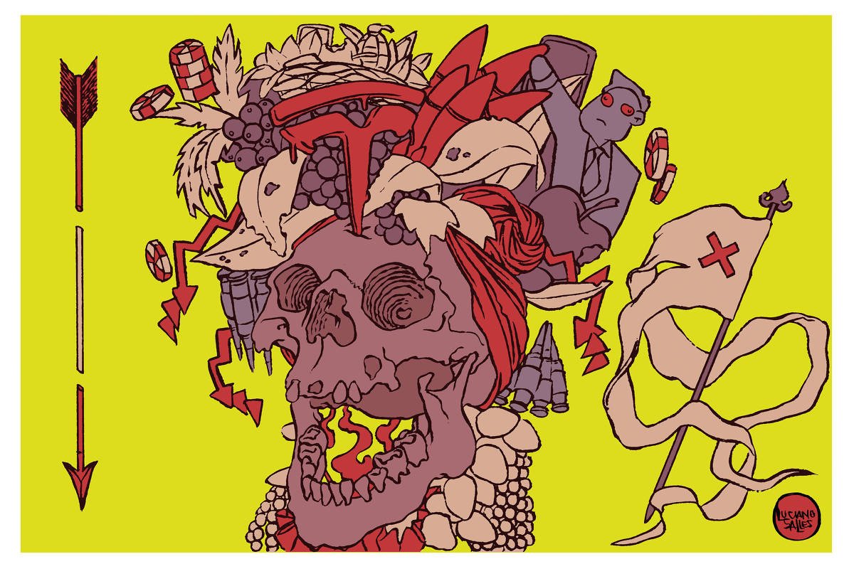 A ilustração de Luciano Salles, publicada na Folha de São Paulo no dia 16 de março de 2025, mostra um crânio de cor vermelho queimado com a boca aberta, quase que sorrindo. Este crânio veste um adereço como da Carmem Miranda, mas ao invés de flores e frutas, há mísseis, fichas de jogos, o símbolo da marca automotiva Tesla, um boneco de Elon Musk fazendo uma saudação nazista, folhas velhas, granadas. Ao lado esquerdo do crânio há um flecha que aponta para baixo fragmentada em 3 partes. Ao lado direito um bandeira do tipo flâmula com um xis destacado. Estes adereços recebem a cor vermelha.