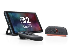 A imagem mostra um console Nintendo Switch em uma posição vertical, com uma tela colorida exibindo o logotipo