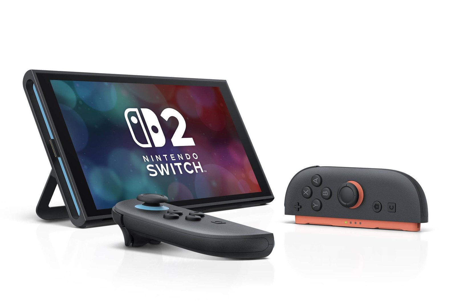 A imagem mostra um console Nintendo Switch em uma posição vertical, com uma tela colorida exibindo o logotipo