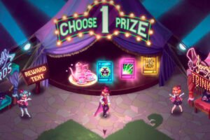 A imagem mostra uma cena de um jogo com um ambiente de feira ou carnaval. No centro, há uma figura que parece ser um personagem jogável, cercado por barracas coloridas. Uma barraca azul à esquerda exibe o texto