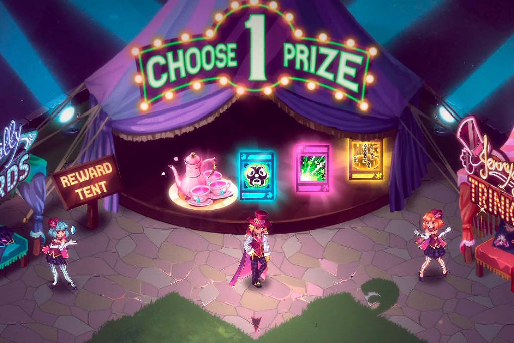 A imagem mostra uma cena de um jogo com um ambiente de feira ou carnaval. No centro, há uma figura que parece ser um personagem jogável, cercado por barracas coloridas. Uma barraca azul à esquerda exibe o texto