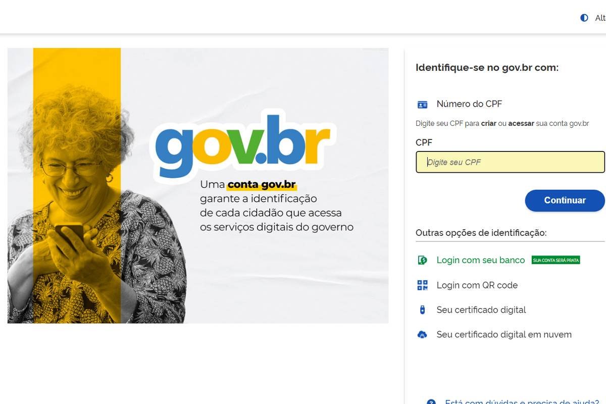 A imagem mostra a página de login do site gov.br. No lado esquerdo, há uma mulher idosa sorrindo e segurando um celular, com um fundo amarelo e azul. À direita, há campos para inserir o CPF e um botão para continuar. Abaixo, há opções para login com outras identidades e informações sobre como se certificar digitalmente.