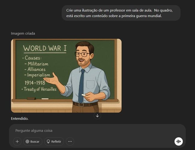 Um prompt de geração de imagens no ChatGPT sobre um professor explicando uma aula de Primeira Guerra Mundial em um quadro.