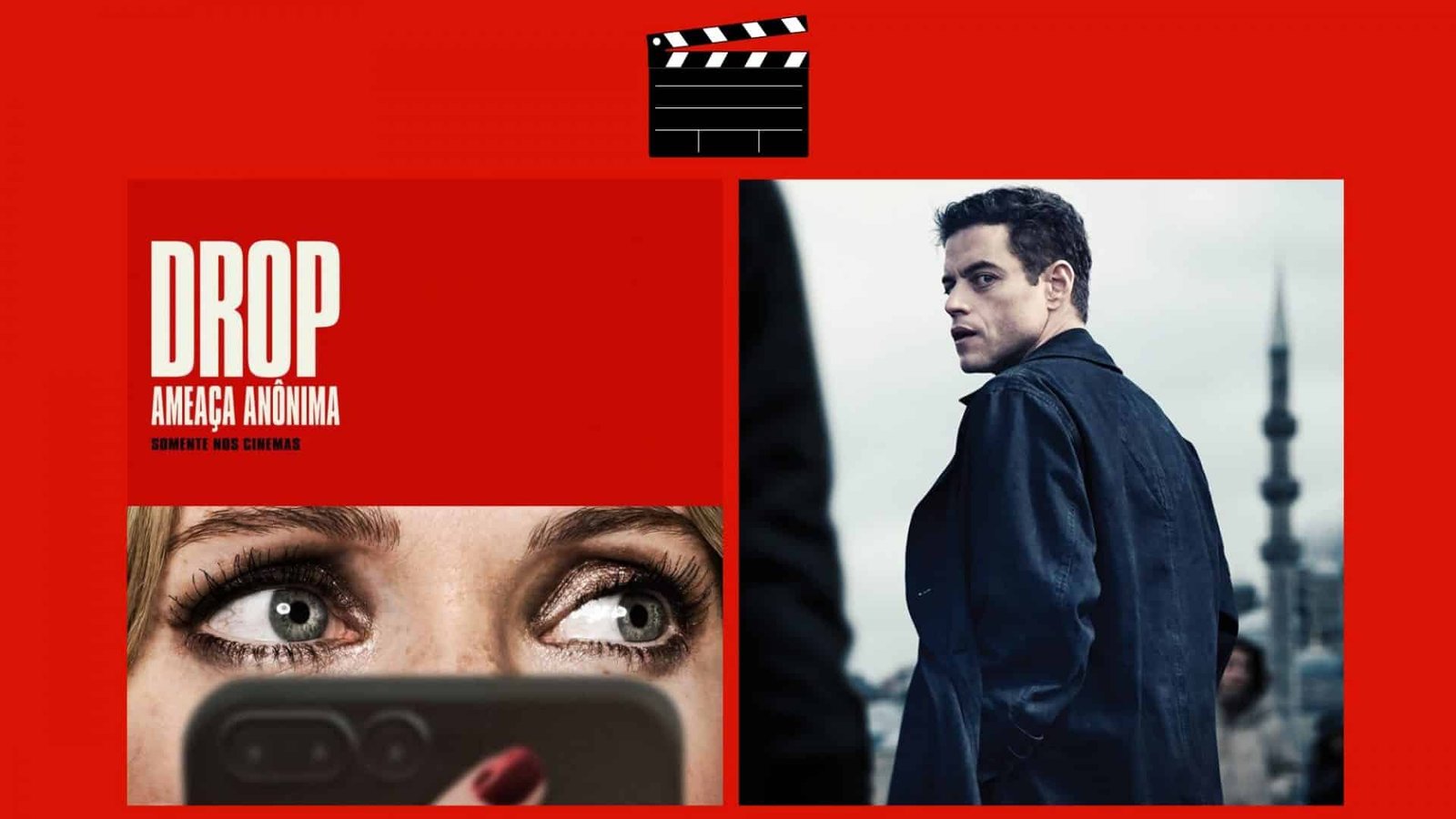 Montagem com pôsteres de Drop e Operação Vingança, dois entre os lançamentos de filmes da semana do dia 10 de abril