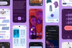 A imagem apresenta uma colagem de várias interfaces de aplicativos móveis, com um design moderno e cores predominantemente roxas e brancas. As telas incluem mensagens de texto, informações sobre o clima, um cronômetro, e opções de pagamento. Algumas telas mostram fotos de pessoas e ícones de navegação. O layout é variado, com diferentes tamanhos e formatos de telas, destacando a diversidade de funcionalidades dos aplicativos.