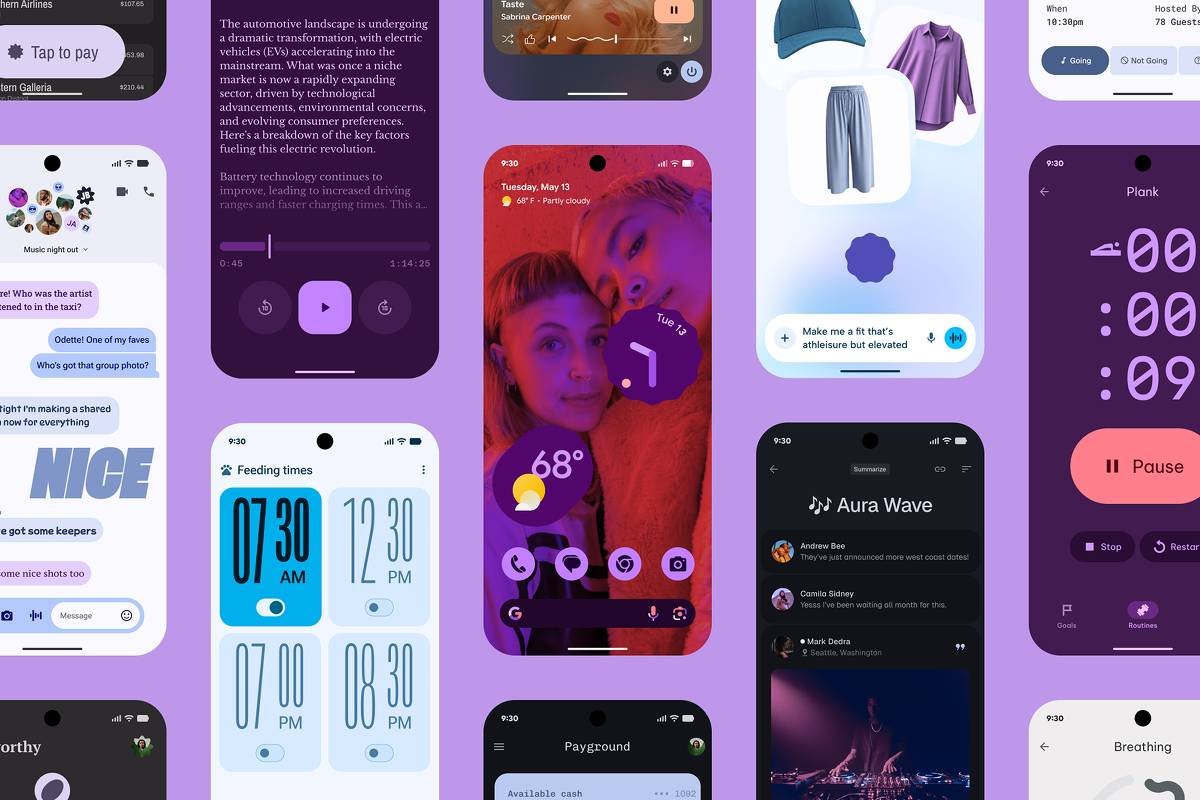 A imagem apresenta uma colagem de várias interfaces de aplicativos móveis, com um design moderno e cores predominantemente roxas e brancas. As telas incluem mensagens de texto, informações sobre o clima, um cronômetro, e opções de pagamento. Algumas telas mostram fotos de pessoas e ícones de navegação. O layout é variado, com diferentes tamanhos e formatos de telas, destacando a diversidade de funcionalidades dos aplicativos.