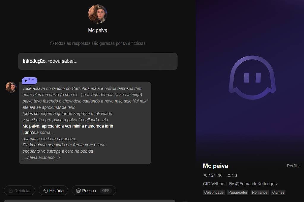 A imagem mostra uma interface do Discord com um fundo escuro. À esquerda, há uma conversa com mensagens de texto. A parte superior esquerda exibe uma foto de perfil de um usuário, e abaixo dela, há uma mensagem que diz