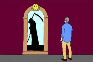 Imagem mostra a seguinte cena: em primeiro plano, numa sala com paredes cor de vinho, há à esquerda um portal de pedra e, à direita, um homem grisalho de costas; ele usa calças caqui, camisa azul e sapatos marrons e olha em em direção à porta, que tem um relógio no alto do batente, marcando 10:10; do lado de dentro da porta se vê a silhueta da morte, sob um fundo azul claro.