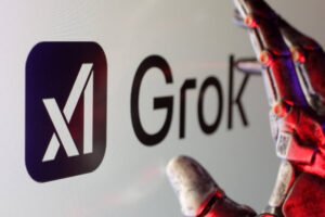 A imagem mostra um logotipo da Grok, que consiste em um ícone quadrado roxo com um símbolo de