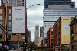 A imagem mostra uma rua urbana com edifícios altos e modernos. Dois painéis publicitários estão visíveis, um à esquerda e outro à direita, ambos com textos promocionais. O céu está nublado, e há uma mistura de arquitetura antiga e nova nas construções. No fundo, um edifício alto se destaca, possivelmente um arranha-céu.