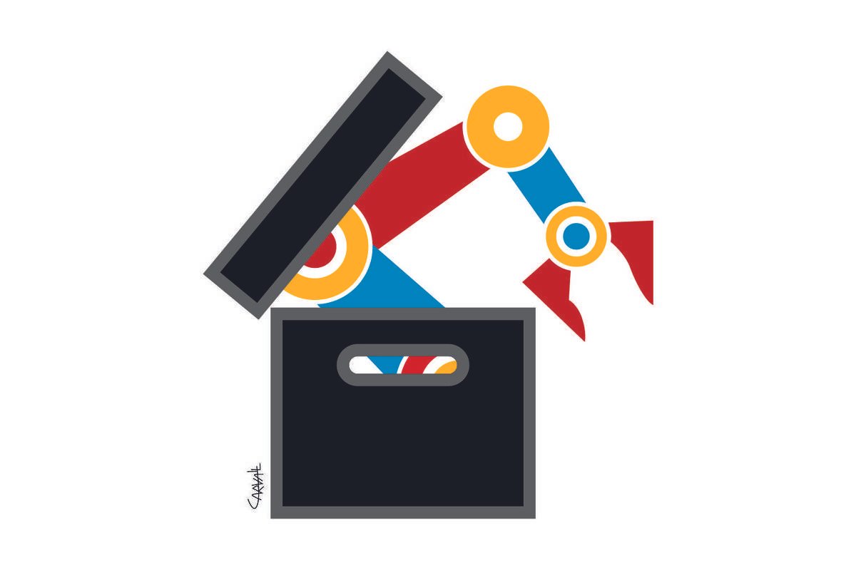 Uma imensa garra mecânica colorida, sai de dentro de uma caixa preta.