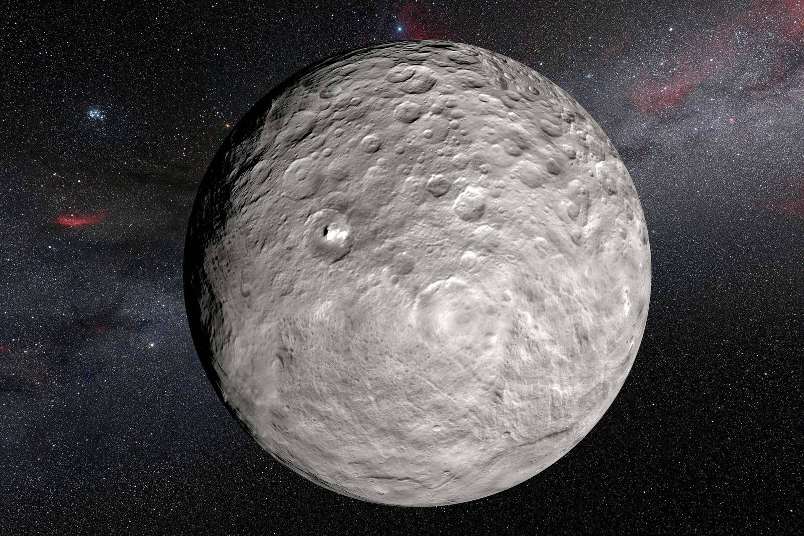A imagem mostra o planeta anão Ceres, com sua superfície acidentada e crateras visíveis. O fundo é um espaço estrelado, com uma vasta quantidade de estrelas e nebulosas, criando um contraste com a superfície clara de Ceres.