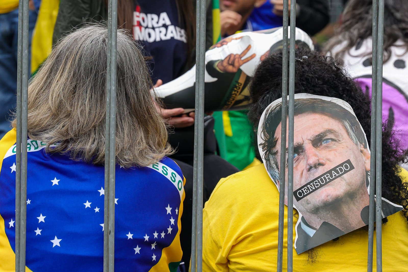 A imagem mostra duas pessoas de costas em um protesto. Uma delas está vestindo uma camiseta azul com a bandeira do Brasil, enquanto a outra usa uma camiseta amarela. A pessoa à direita tem um cartaz com a imagem de uma figura pública, com a palavra