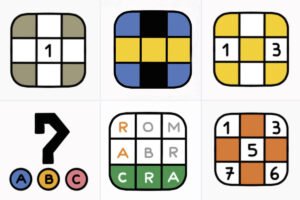 A imagem apresenta uma grade de seis quadrados dispostos em duas linhas. Na primeira linha, há três quadrados: o primeiro é um quadrado cinza com o número 1, o segundo é um quadrado com cores azul e amarelo, e o terceiro é um quadrado com os números 1 e 3. Na segunda linha, o primeiro quadrado tem um símbolo de interrogação e três círculos coloridos com letras A, B e C. O segundo quadrado contém letras dispostas em uma grade: R, O, M, A, B, R, C e A. O terceiro quadrado apresenta os números 1, 5, 3, 7 e 6 dispostos em uma grade.