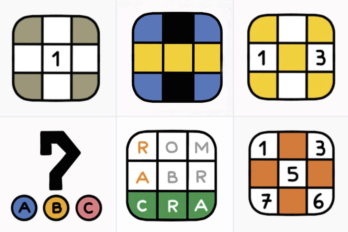 A imagem apresenta uma grade de seis quadrados dispostos em duas linhas. Na primeira linha, há três quadrados: o primeiro é um quadrado cinza com o número 1, o segundo é um quadrado com cores azul e amarelo, e o terceiro é um quadrado com os números 1 e 3. Na segunda linha, o primeiro quadrado tem um símbolo de interrogação e três círculos coloridos com letras A, B e C. O segundo quadrado contém letras dispostas em uma grade: R, O, M, A, B, R, C e A. O terceiro quadrado apresenta os números 1, 5, 3, 7 e 6 dispostos em uma grade.