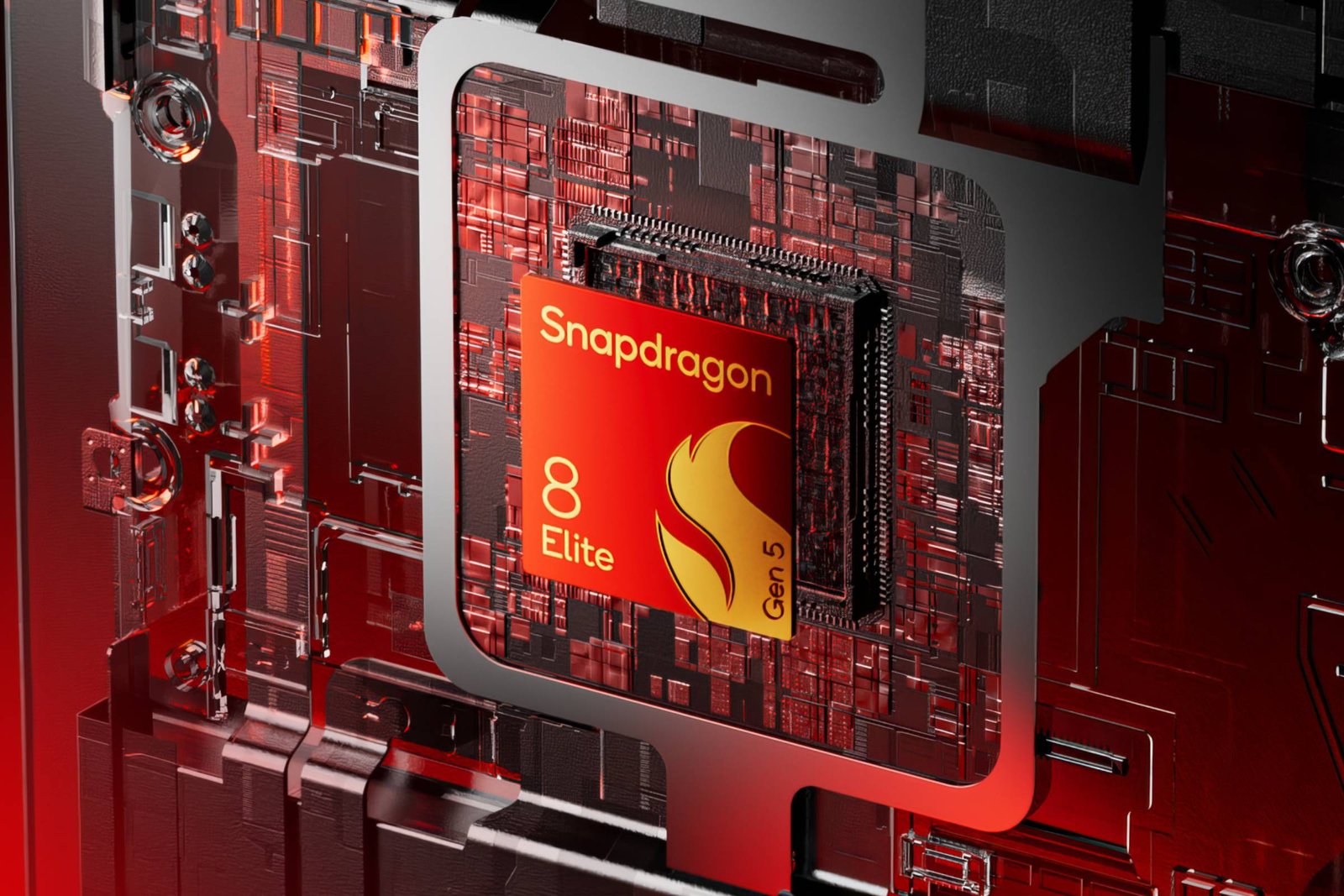 A imagem mostra um chip de processador Snapdragon 8 Elite em um fundo com detalhes em vermelho e preto. O chip é destacado no centro, com a marca Snapdragon visível em letras brancas e o número 8 em destaque. O design ao redor do chip é tecnológico, com circuitos e componentes eletrônicos visíveis.