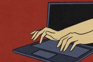 A imagem mostra um par de mãos saindo de dentro da tela de um laptop, com um fundo vermelho. As mãos estão posicionadas de forma a parecer que estão digitando. O laptop é representado em uma cor escura, destacando-se contra o fundo.