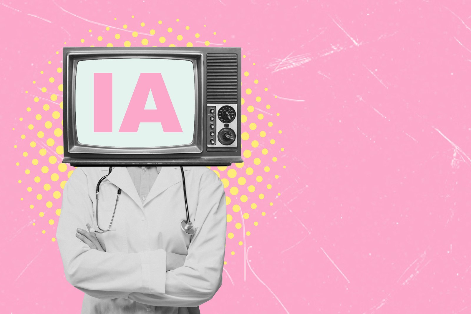 Pessoa vestindo jaleco branco e estetoscópio, com braços cruzados. A cabeça é substituída por uma televisão antiga exibindo as letras