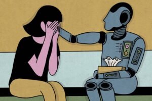 A imagem mostra uma pessoa sentada, cobrindo o rosto com as mãos, expressando tristeza. Ao lado, um robô com um design futurista está estendendo uma mão em direção à pessoa, segurando uma caixa de lenços. O fundo é de uma cor amarela suave, e a pessoa está vestindo uma camiseta preta e calças claras.