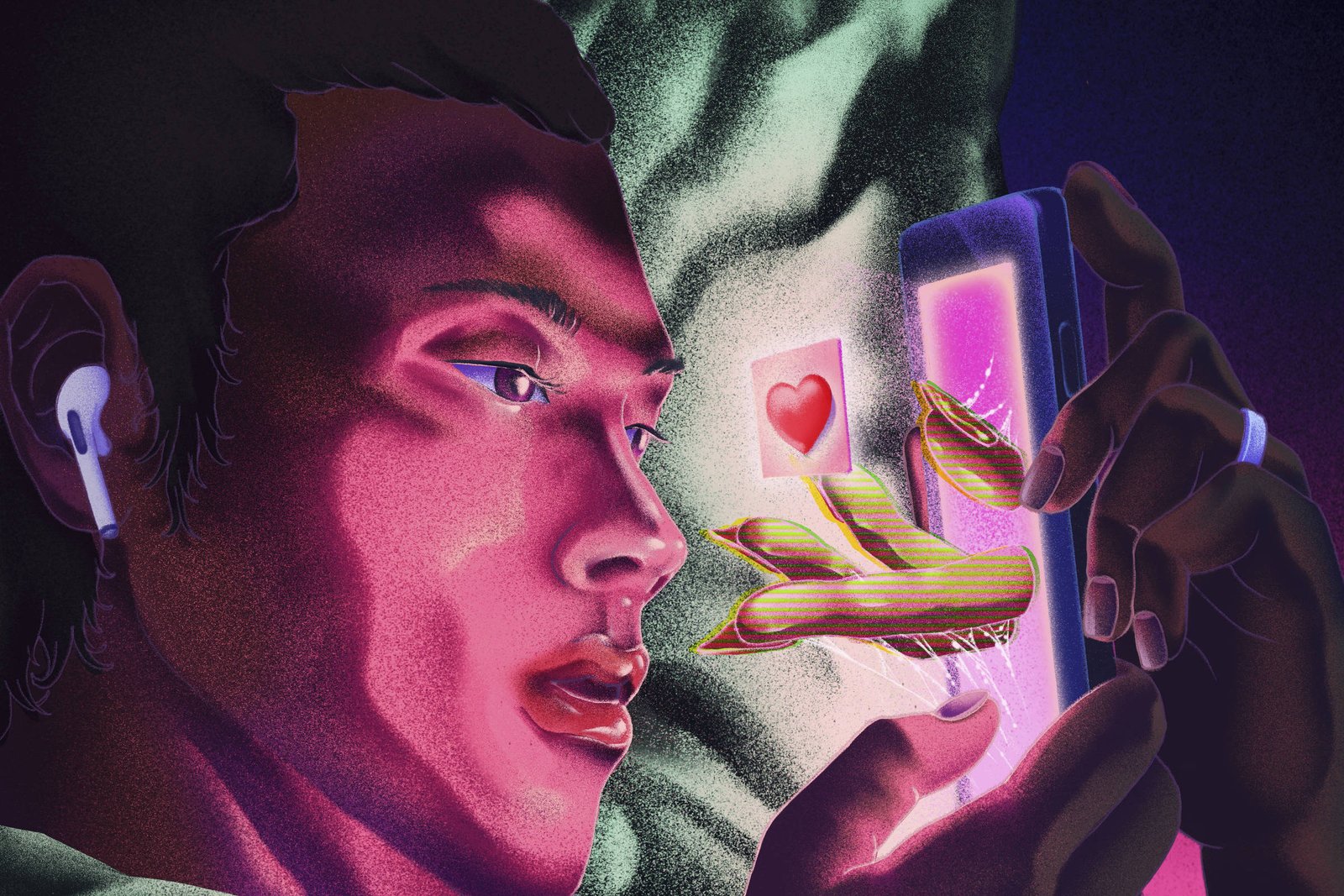 Homem deitado sob cobertor verde, usando fones de ouvido, segura celular com emojis de coração e mãos flutuando na tela iluminada.