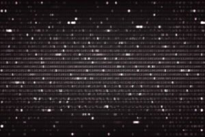 Tela escura preenchida por linhas horizontais de números binários (0 e 1) em branco, com pontos brilhantes dispersos simulando dados digitais.