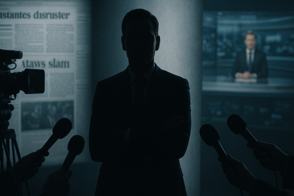 Imagem horizontal com a silhueta de um CEO dividido entre luz e sombra, ao fundo câmeras, microfones e telas de notícias desfocadas, representando como a mídia pode construir ou destruir a reputação de líderes empresariais.