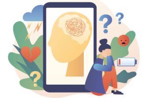 Mulher deprimida sentada perto de smartphone. Depressão mental. Conceito de saúde mental e psicoterapia. Ansiedade, estresse, esgotamento emocional, outros problemas psicológicos. Estilo moderno de desenho animado plano