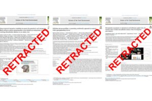 Três páginas de artigos científicos exibem a palavra