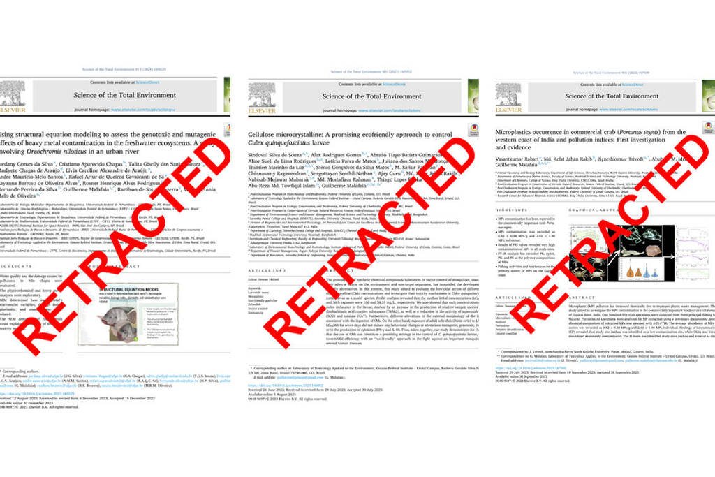 Três páginas de artigos científicos exibem a palavra