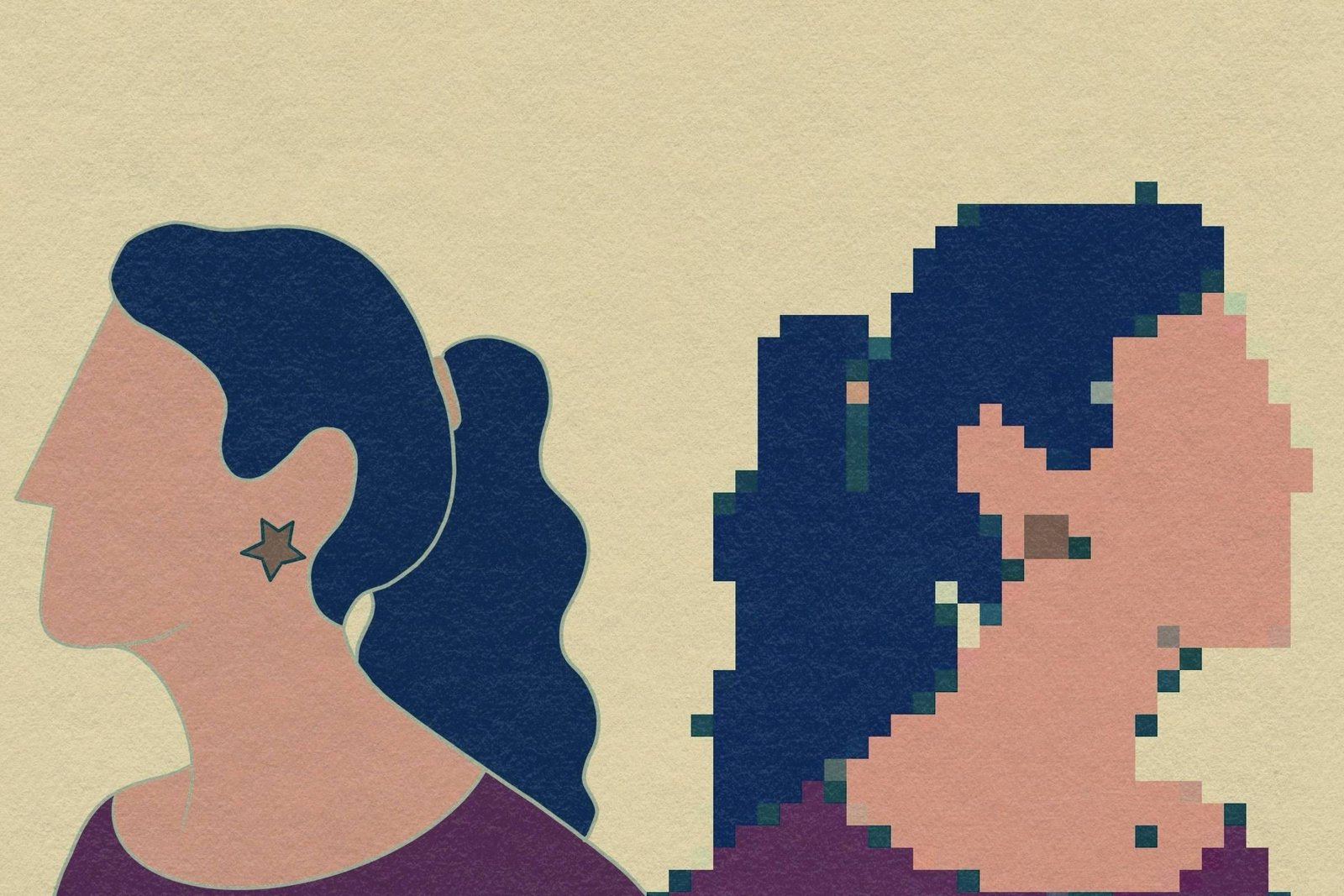 A imagem apresenta duas silhuetas femininas em um fundo de papel texturizado. A figura à esquerda tem cabelo ondulado e usa um brinco em forma de estrela. A figura à direita é menos definida, com um estilo pixelado, mostrando apenas uma parte do cabelo e do rosto. Ambas as figuras estão voltadas em direções opostas, com a figura da esquerda em um tom de pele mais claro e a da direita em um tom de pele mais escuro.