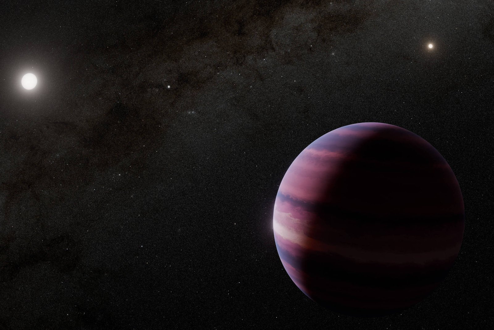 A imagem mostra um planeta gasoso com faixas coloridas em tons de roxo e rosa, situado em um cenário espacial. Ao fundo, há uma estrela brilhante e outras pequenas estrelas visíveis, além de uma galáxia distante.
