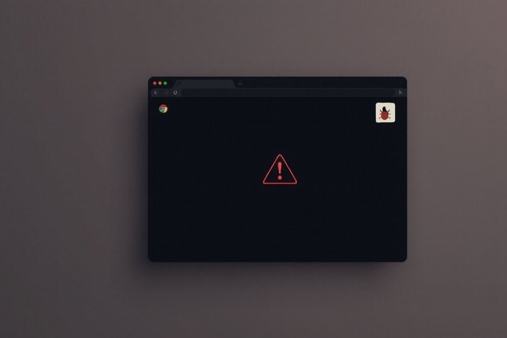 Extensão do navegador Chrome com ícone de alerta vermelho e símbolo de perigo indicando risco de segurança
