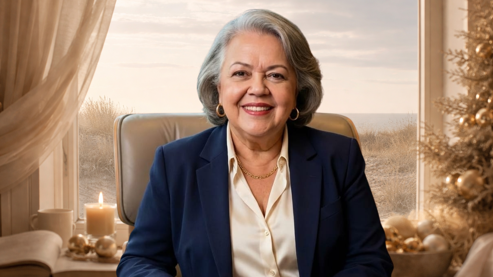 Myrinha Vasconcellos em ambiente sereno, com luz suave, representando pausa, silêncio e reflexão entre o Natal e o Ano Novo.