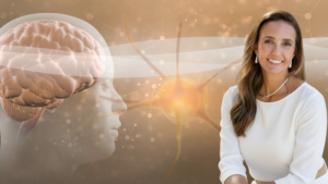 Anna Maoli conduz prática de regulação emocional enquanto elementos visuais representam cérebro, coração e coerência entre mente e corpo, simbolizando liderança consciente e alta performance frequencial.