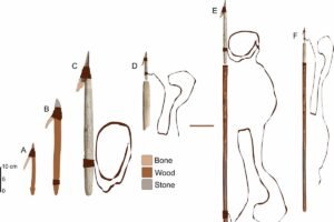 Seis lanças rotuladas de A a F exibem pontas feitas de osso, madeira e pedra, com escalas de tamanho ao lado. Cada lança é acompanhada por contornos de ossos associados, destacando variações em comprimento e composição dos materiais.