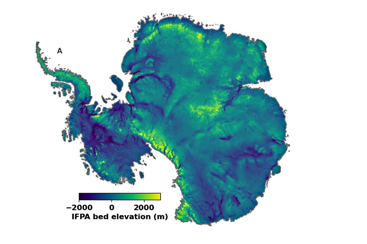 Mapa colorido mostra a elevação do leito da Antártida em metros, variando de -2000 a 2000 metros, com cores que vão do azul escuro ao amarelo. A península Antártica está destacada à esquerda com a letra