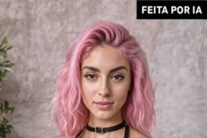Mulher jovem com cabelo rosa ondulado até os ombros, usando blusa preta com alças finas e colar preto. Fundo cinza texturizado com planta verde à esquerda.