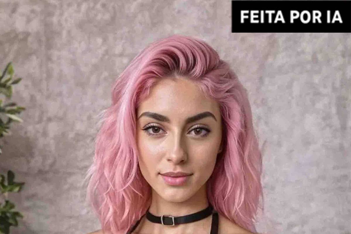 Mulher jovem com cabelo rosa ondulado até os ombros, usando blusa preta com alças finas e colar preto. Fundo cinza texturizado com planta verde à esquerda.