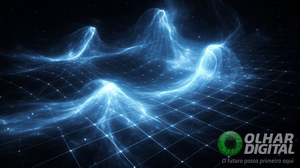 Ilustração de ondas de energia em cima de grid; tudo é azulado