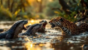Imagem criada por IA fotorrealista de uma onça-pintada na margem lamacenta de um rio pantaneiro, encarando um grupo de ariranhas que emergem da água em posição defensiva