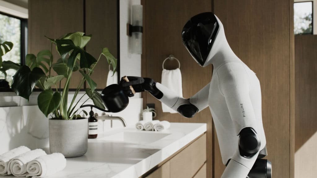 Robô Figure 03 colocando água em planta