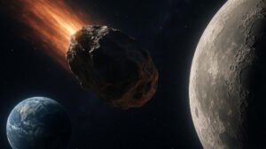 Uma visualização dramática do asteroide 2024 YR4 atravessando o espaço em direção à Lua, com a Terra visível ao fundo.