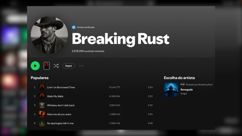 Página do artista criado com inteligência artificial (IA) Breaking Rust no Spotify
