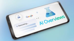 Logo do AI Overviews em um smartphone