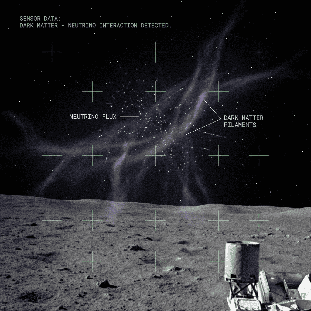Ilustração artísica da visão, a partir da Lua, da interação entre matéria escura e neutrinos