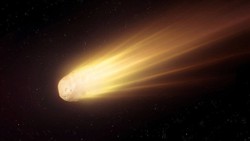 Ilustração de cometa cruzando o espaço igual uma bola de fogo