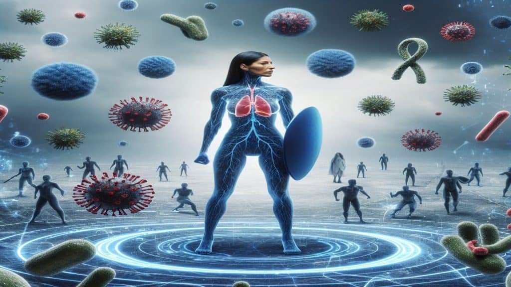 imagem conceitual do sistema imunológico. figura de uma mulher em primeiro plano. Ela se defende contra vírus e bactérias.